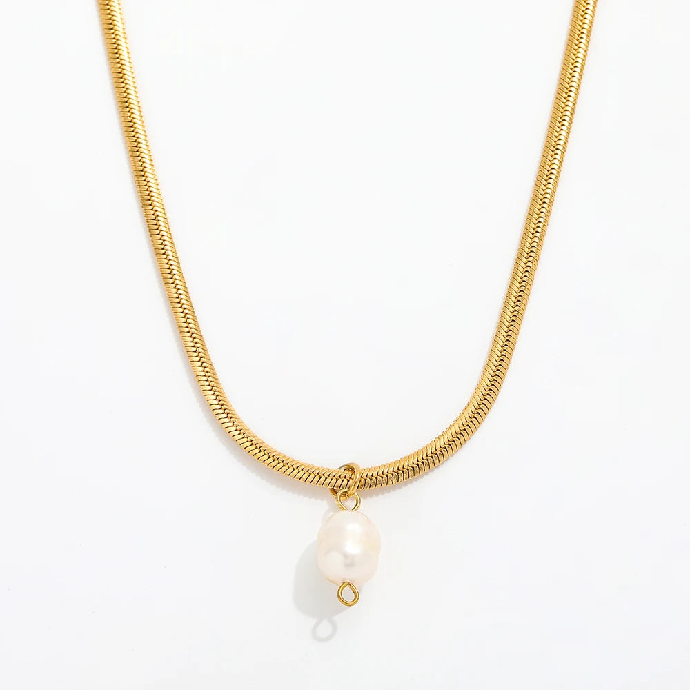 Joolim Jewelry 18K Gold Plated Pearl Pendant Snake Chain Necklace Stainless Steel Jewelry Wholesale