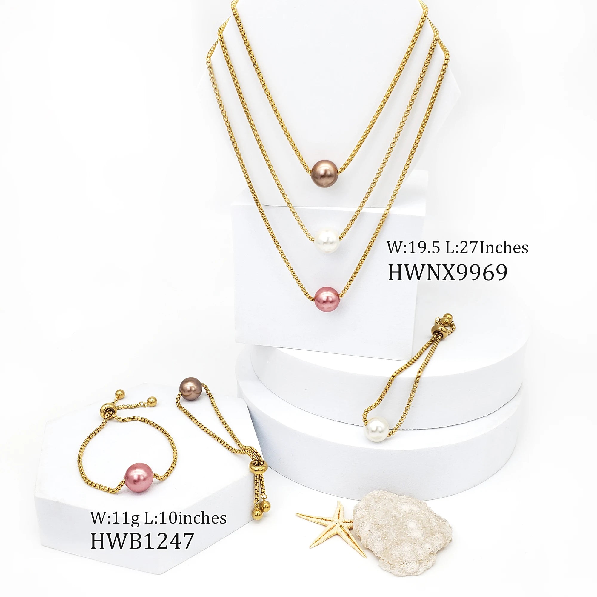 Fashion Design Stainless Steel Box Chain Bridal Necklace Jewelry Sets Hawaiian Pearl Charm Necklace  Set