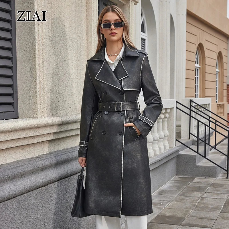 Wholesale Classic Washed Vintage Long Leather Jacket Women Leather Trench Coat Ladies Long Leather Coat