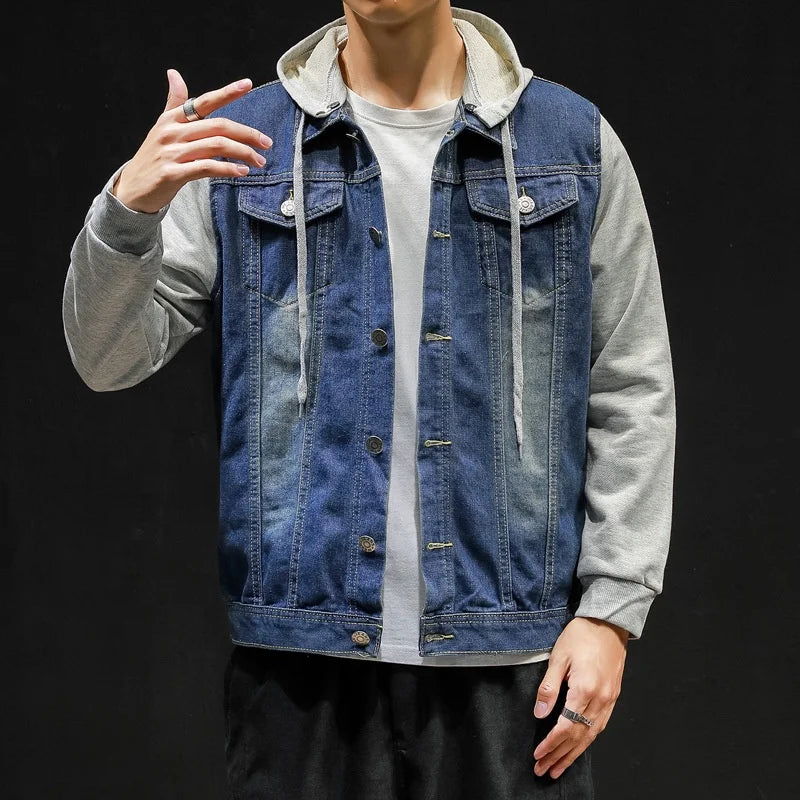 Mens Biker Denim Jackets Winter Stylish Clothes Hooded Bomber Coat Knit Sweater Hoodie Trucker Jeans Jacket