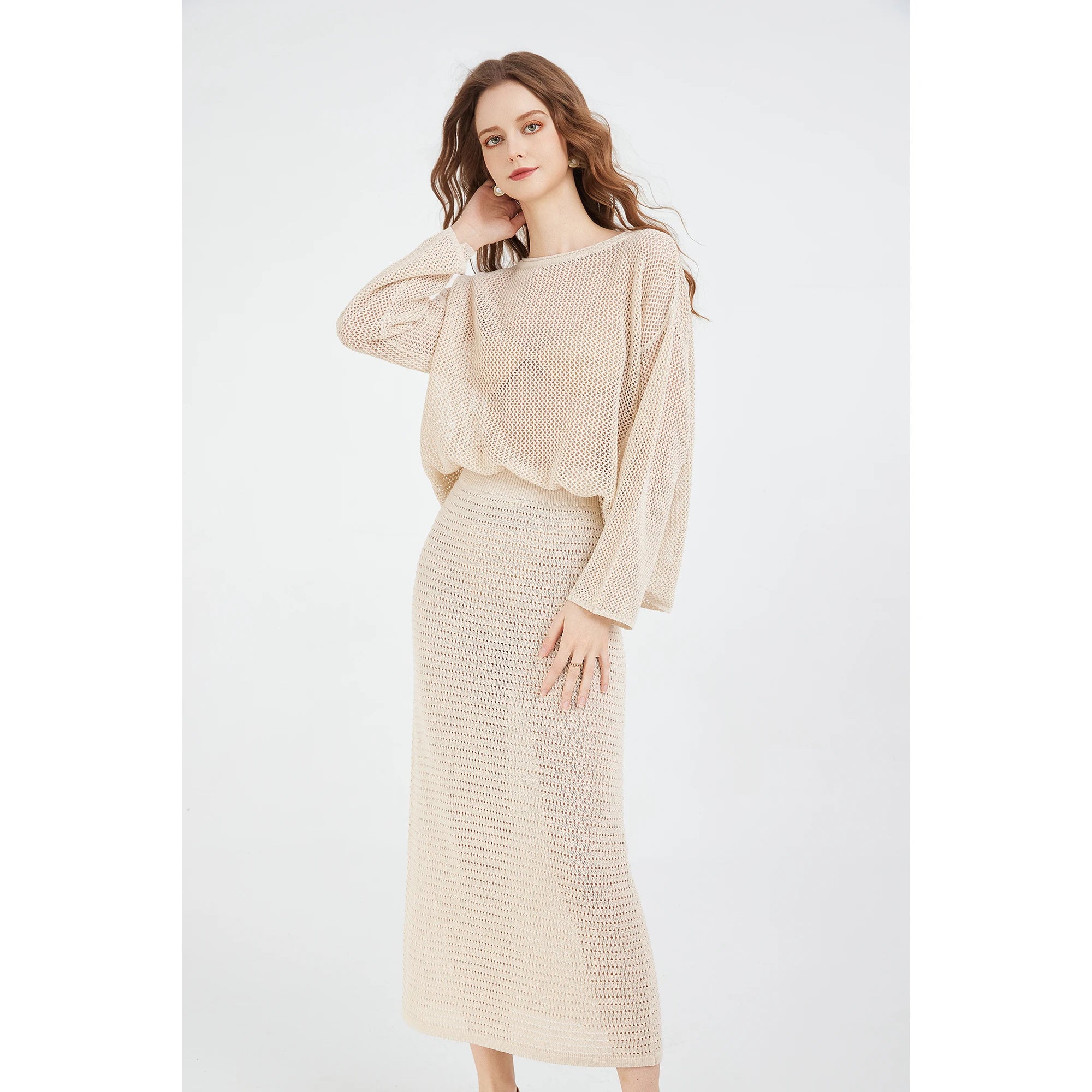 Women's Pointelle Sweater and Maxi Skirt 2-piece Set Knitted Long Sleeve Round Neck Top and A-line Skirt Set