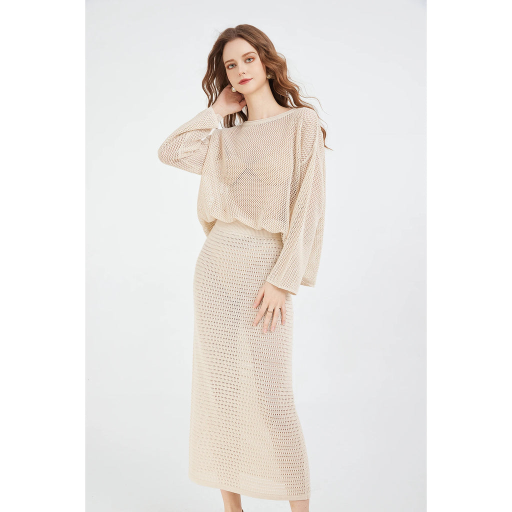 Women's Pointelle Sweater and Maxi Skirt 2-piece Set Knitted Long Sleeve Round Neck Top and A-line Skirt Set
