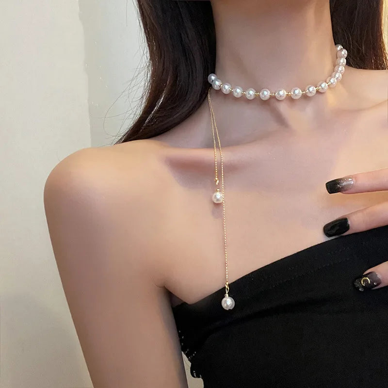 Personality Delicate Pearl Necklace Women INS Trendy Elegant Pull Out Pearl Chain Choker Necklaces Gold Plated Jewelry Gift