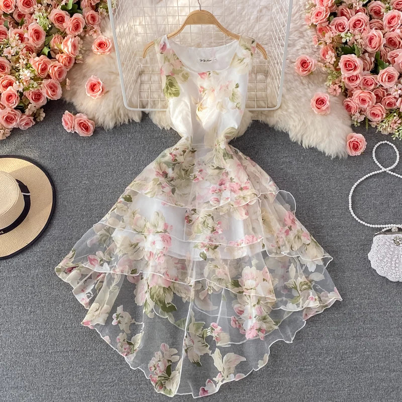 Women Summer Sleeveless Floral Print Beach Style Organza Midi Dress