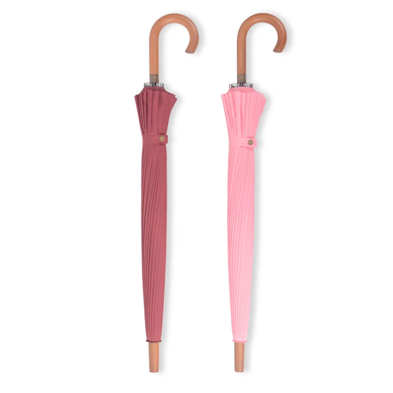 24K Custom Logo Auto Open Windproof Waterproof All-in-One Straight Umbrella with Wooden Hook Handle for Business Gifts
