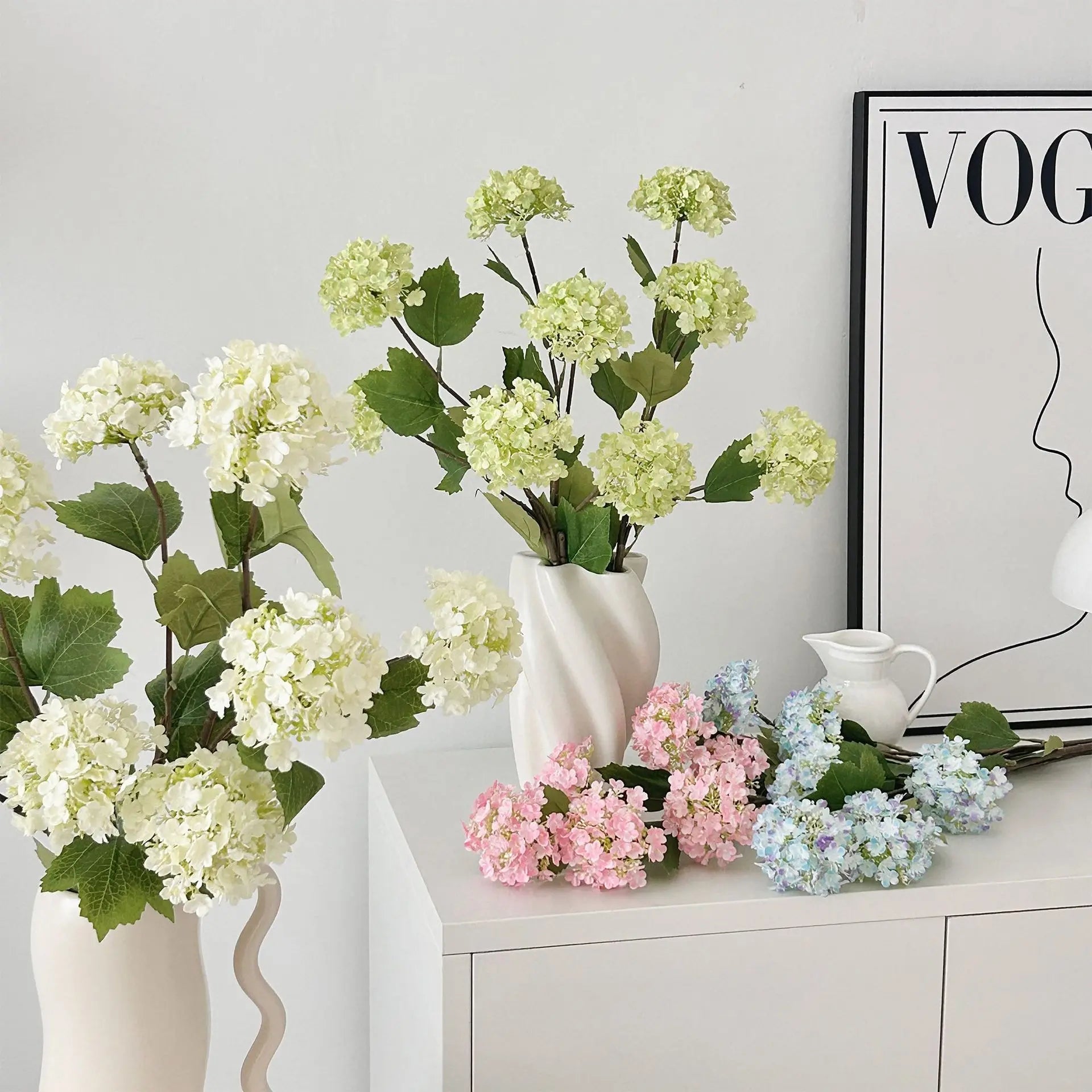 New Arrival 5 Heads Artificial Real Touch PU Snowball Small White Green Hydrangea Graduation Easter Wedding Home Party Table