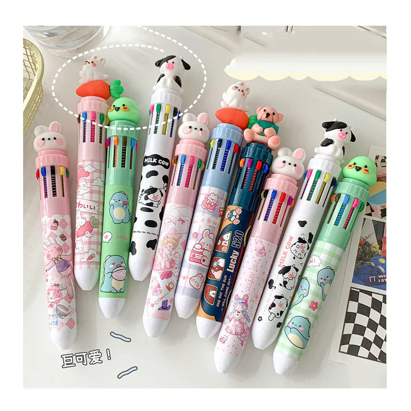 Kawaii School Stationery Supplies Cartoon Cute Animal 10 Color Ball Pen for Kids