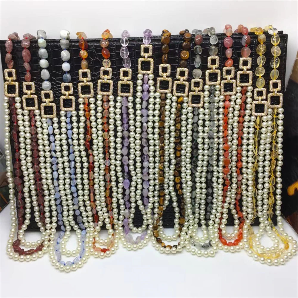 Natural Gemstone Chips Hawaiian Jewelry Freshwater Pearl Real Genuine Crush Stones 3 Layer Long Irregular Beads Pearl Necklaces