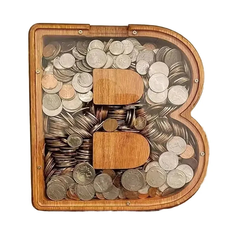 Wooden Piggy Bank 26 English Letter Money Bank Wood Coin Box for Kids and Home Decoration
