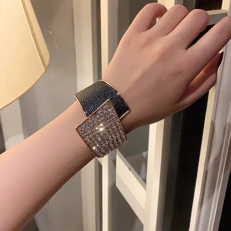 Bohemian Wide Leather Cuff Bracelet Statement Full Sparkly Rhinestone Stage Women Bracelets