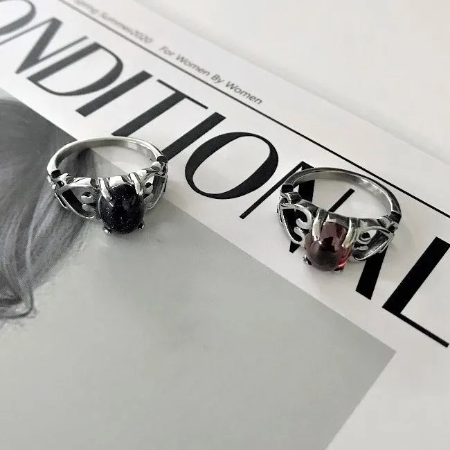 VAF Gothic Black Red Ruby Gem Stone Ring Couple Stainless Steel Hollow Heart Ring for Men Women