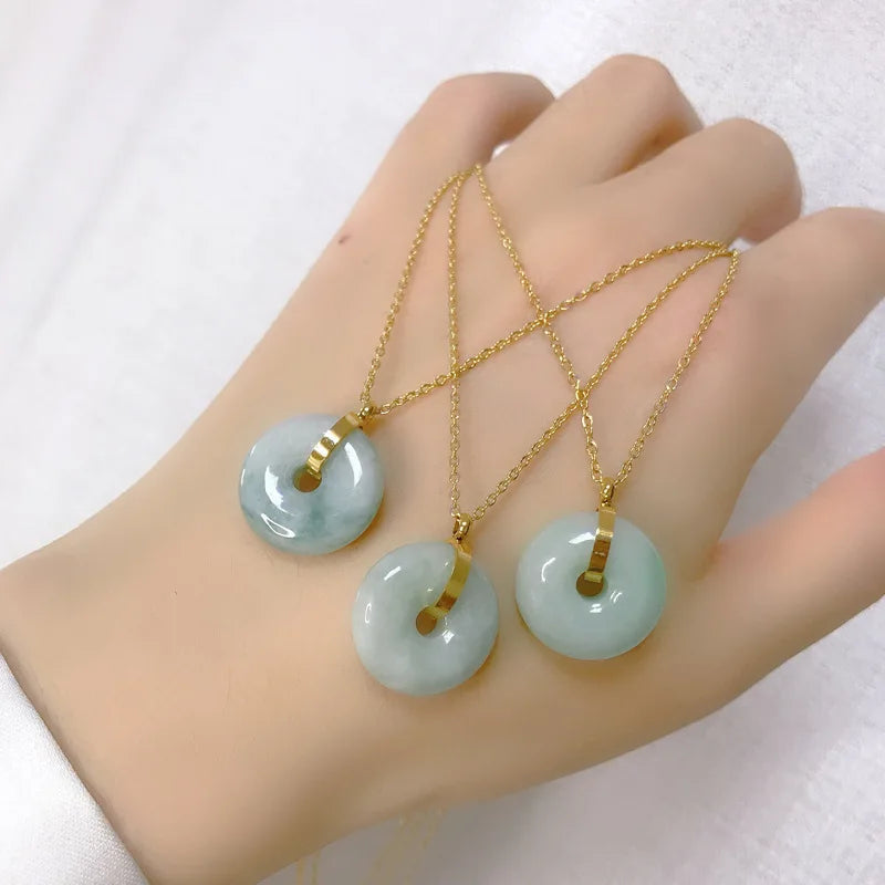Women Stainless Steel Chain Round Natural Jade Pendant Necklace Chinese Style Lucky Jewelry Jade Necklace