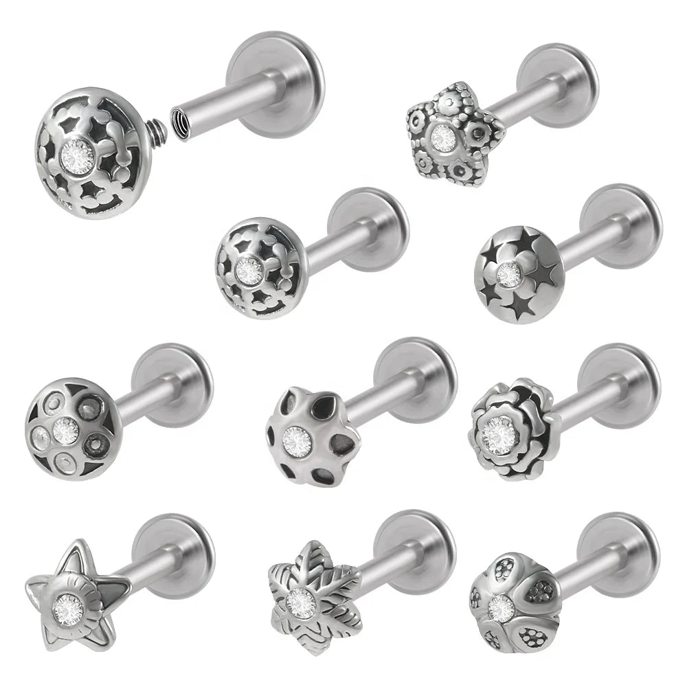 16G Stainless Steel Vintage Star Labret Lip Ear Tragus Helix Cartilage Unisex Wedding Engagement Czech Crystal Hypoallergenic