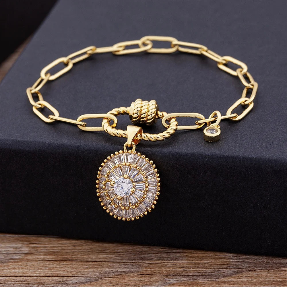 QIKU Fashion Luxury Rhinestone Copper Zircon Bracelet Bangle Chain Bead Pendant Chain Jewelry Gift Adjustable Accessories