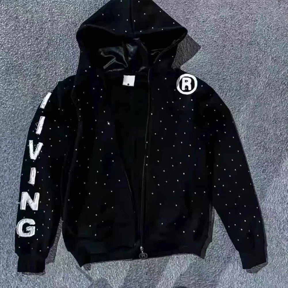 DCY Zip up Rhinestone Hoodie Designer Hoodies Custom Cotton Hoodies Mens Sweatshirts Black Full Zip Streetwear for Men