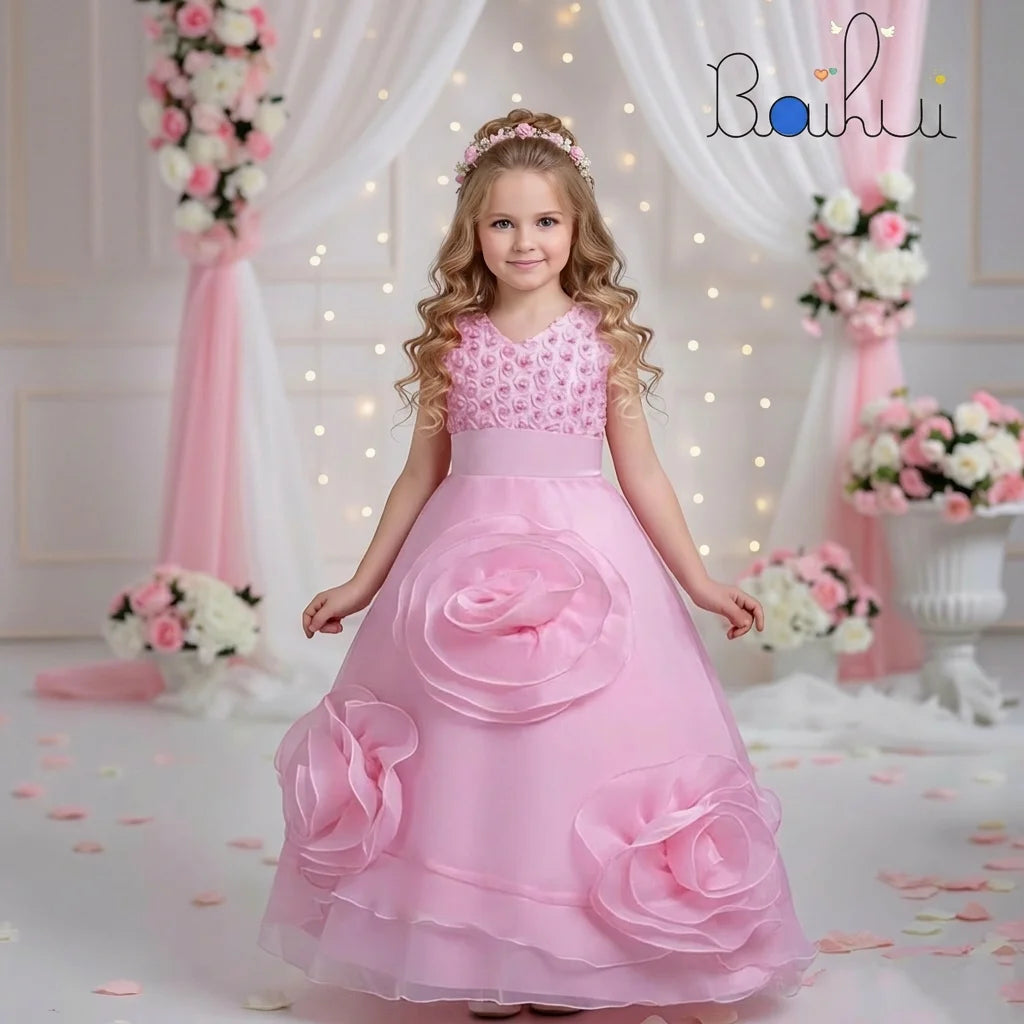 Western Style Flower Girl Wedding Gown Exquisite Beads Grace Big Girl Dresses for 12Y Pink Fluffy Kid Prom Party Dresses