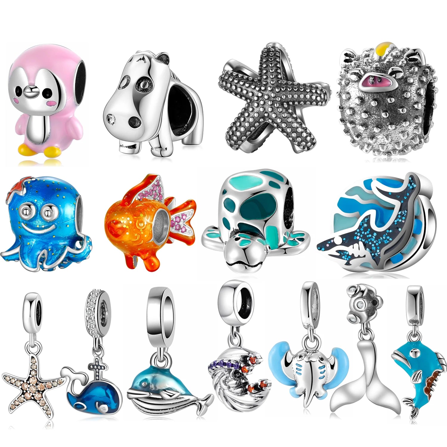Real 925 Sterling Silver Ocean Series Enamel Charms Mermaid Turtle Charm Beads for Women Jewelry Bracelet Wholesale Fashion