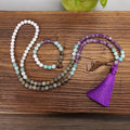 Natural Amazonite Beaded Long Necklace Set Tassel Sweater Chain Fashion Jewelry Male 108 Stone Beads Yoga Necklace for Women