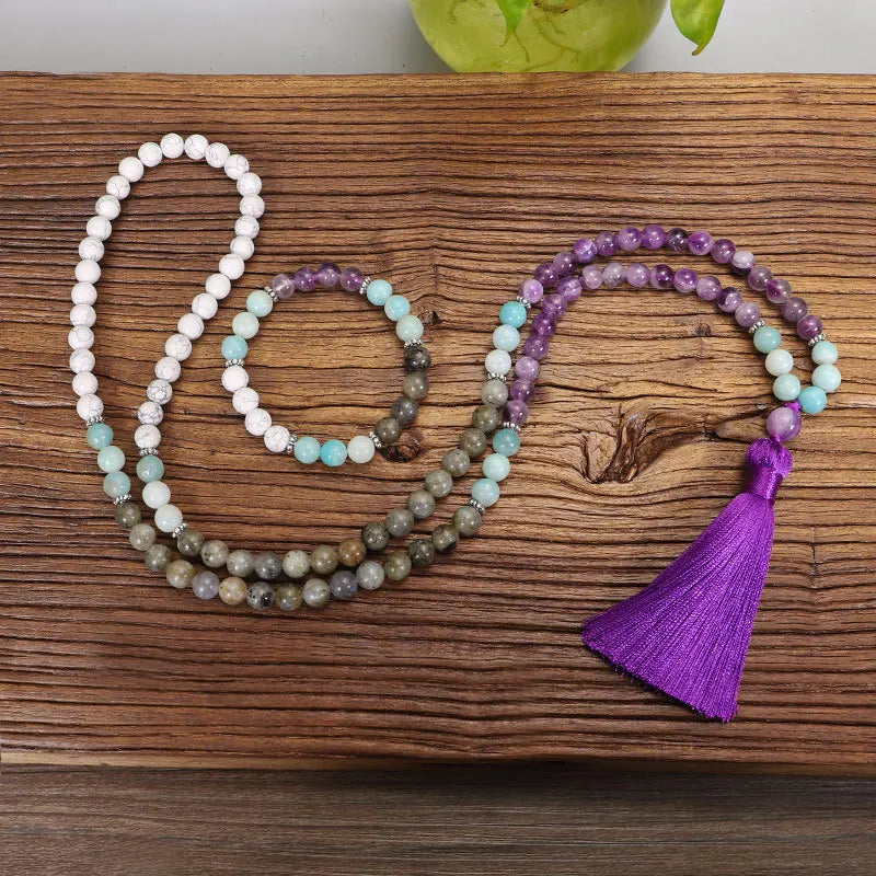 Natural Amazonite Beaded Long Necklace Set Tassel Sweater Chain Fashion Jewelry Male 108 Stone Beads Yoga Necklace for Women