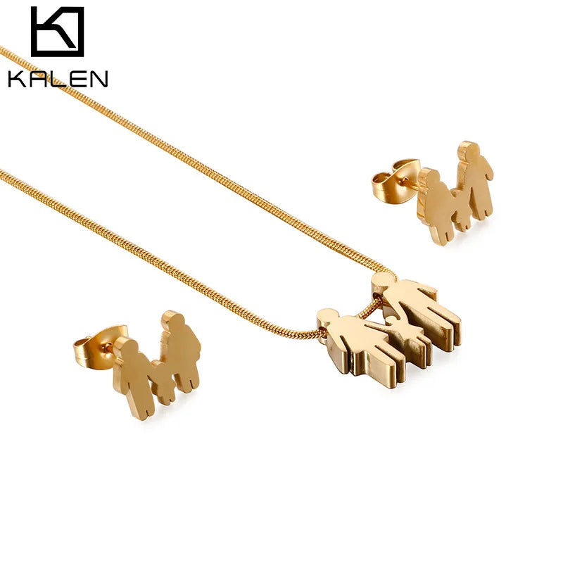 Kalen Stainless Steel Accessories Mother-Child Hand Hand Necklace Earrings Simple Chains Jewelry Set for Mother's Day