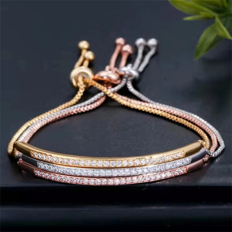 Wholesale Women's Adjustable Tennis Bracelet New Creative Gold-Plated Stainless Steel Rhinestone Zircon Classic Style for Gifts