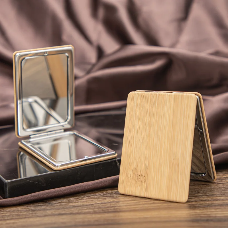 Folding Mirror Leather Material With Wooden Style Carry a Mini Reversible Folding Makeup Mirror With You