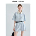 VEGA CHANG Solid Color Short Sleeve Turn Down Collar Casual Fashion Elegant Women One Piece Jumpsuit