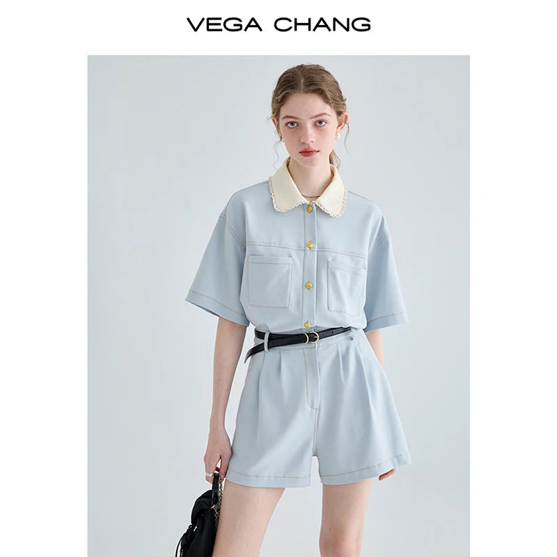 VEGA CHANG Solid Color Short Sleeve Turn Down Collar Casual Fashion Elegant Women One Piece Jumpsuit