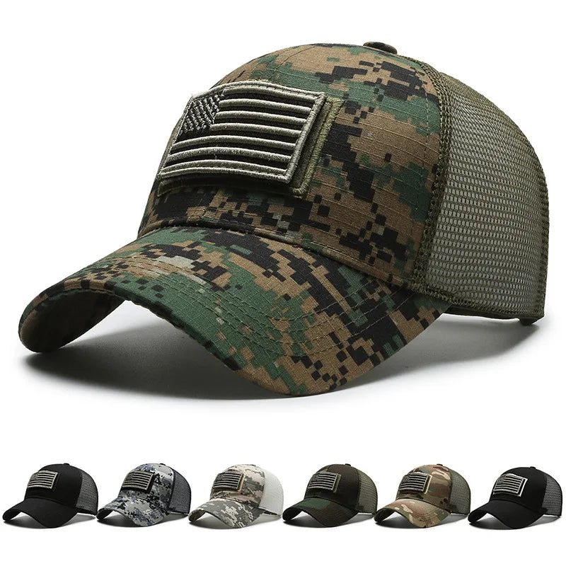 Custom USA American Flag Patch Adjustable 6 Panel Cotton Camo Mesh Baseball Cap Dad Trucker Hat