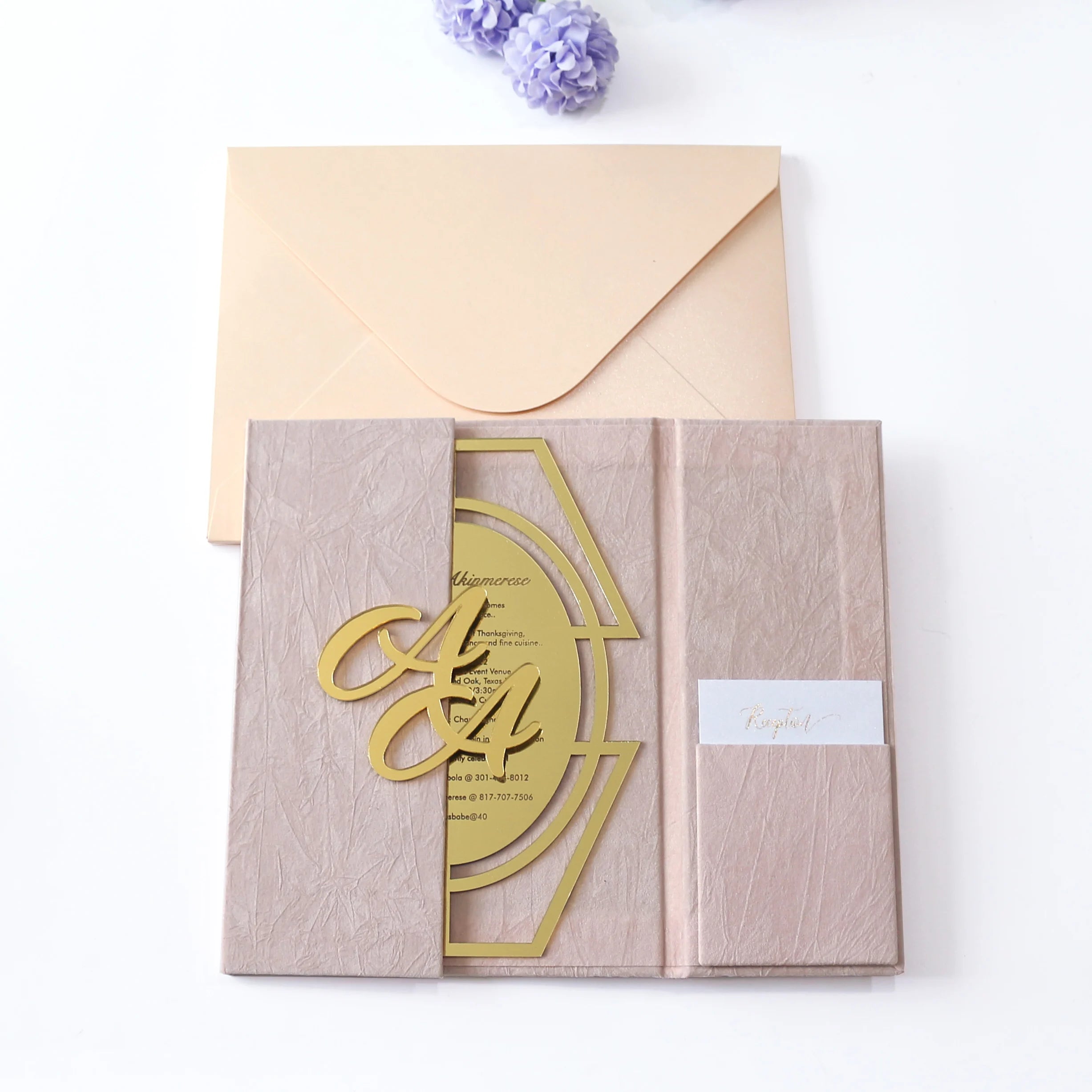 Free Design Luxury Custom Hardcover Gatefold Pink Texured Velvet Gold Mirror Monogram Acrylic Invitation for Wedding Birthday