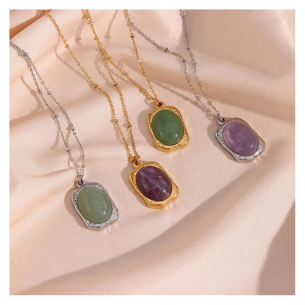 New Arrival Fine Jewelry Stainless Steel 18k Gold Plated Purple Green Natural Stone Rectangle Pendant Necklace for Women