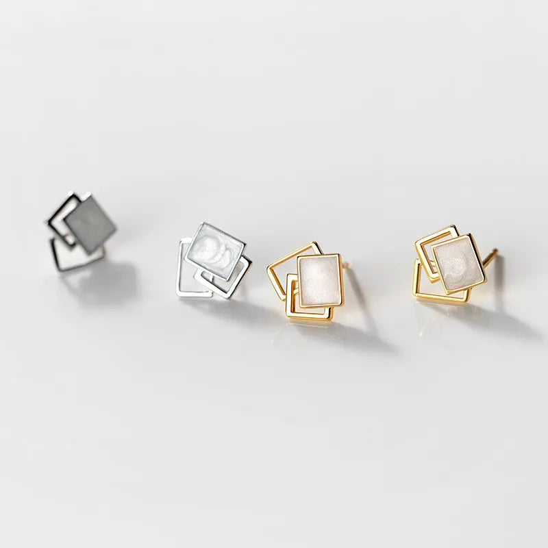 925 Sterling Silver Geometric Earrings Small Square Shape Gold Plated Enamel Ear Studs Fashion Jewelry for Women
