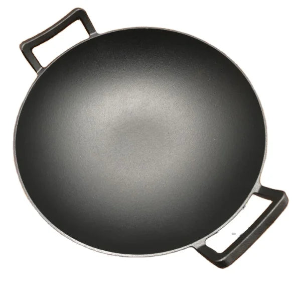 Hot Sale Cast Iron 32cm Deep Construction Wok Heavy Duty Frying Pan with Double Ears Handle Flat Base for Grilling Gas Induction