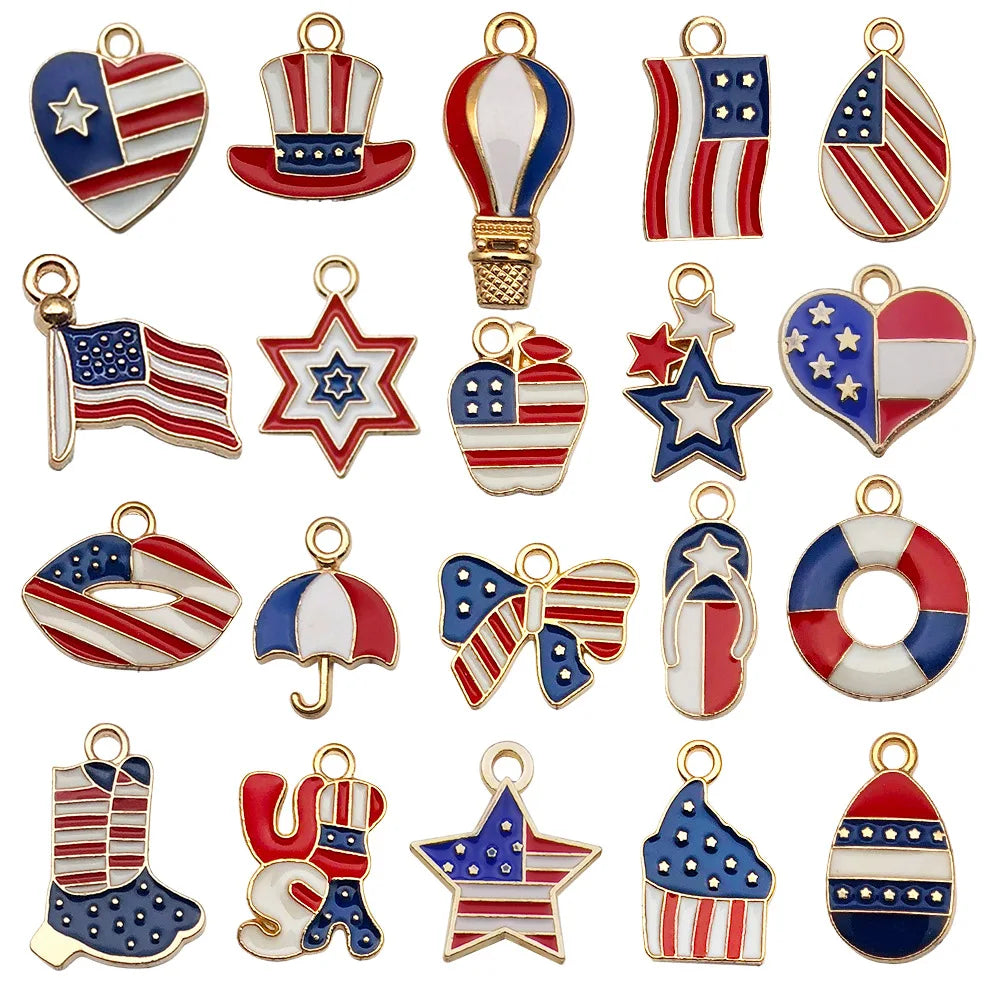 America Independence Day USA Alloy Charm Pendant Patriotic Flag Pendant Enamel Diy Gold Charms Accessories for Making Jewelry