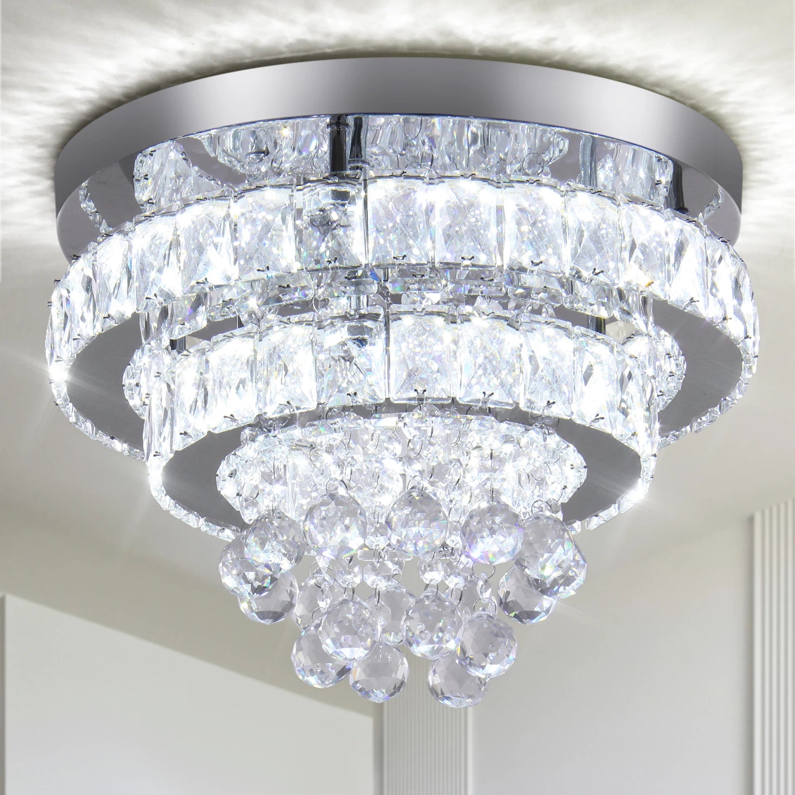 13.7'' Luxury Modern LED Crystal Ceiling Light Round Crystal with Cool Warm White Middle Lamp Sizes for Indoor Room Use