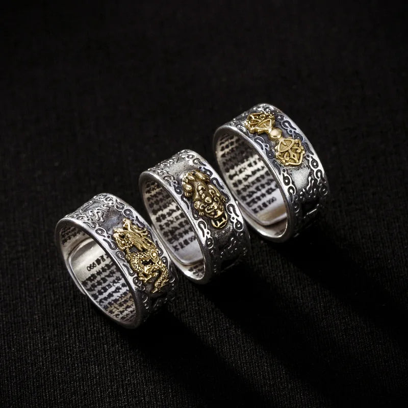 Solid S990 Sterling Silver Pixiu Vajra Dragon Heart Sutra Ring for Men and Women Classic Retro Opening Buddha Amulet Jewelry