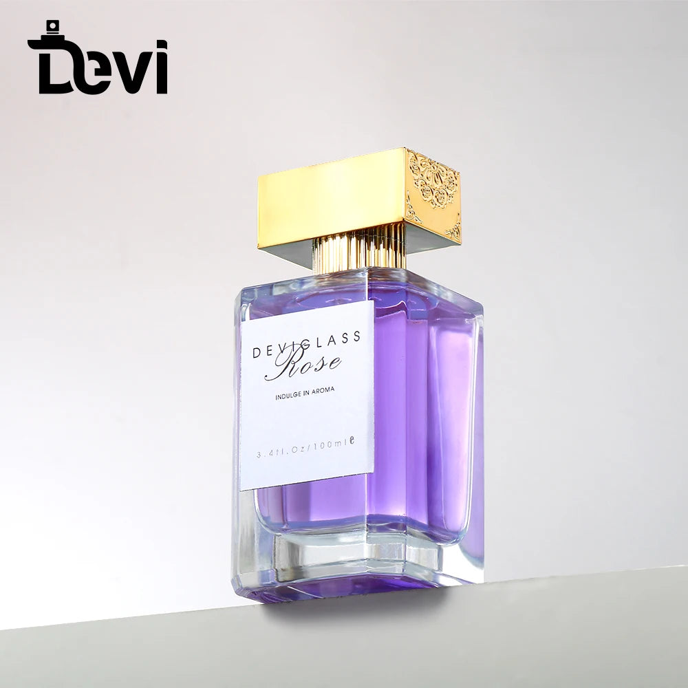 Devi Wholesale OEM/ODM 100ml Empty Glass Perfume Spray Bottle with Pump Sprayer Customizable Color & Hot Stamping Carton Packed