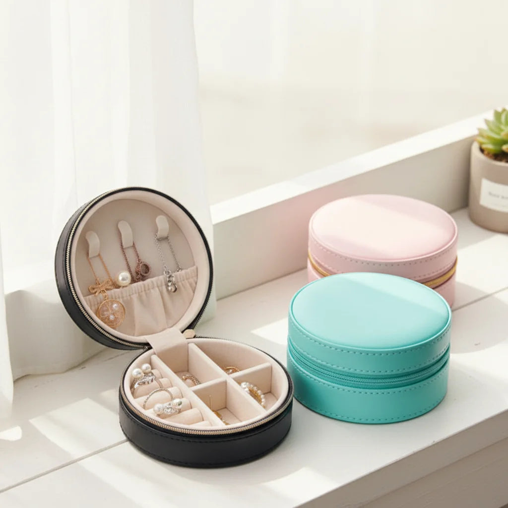 Leather Round Jewelry Travel Case Jewelry Organizer Box Mini Portable Jewelry Storage Box for Rings Earrings Bracelet Necklaces