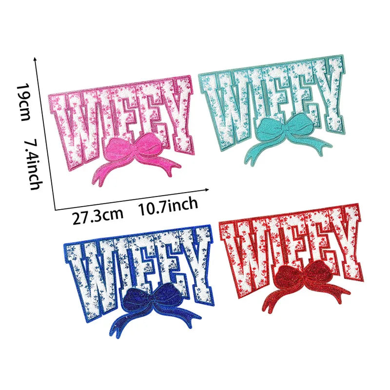 New Stock Big Size 10.7inch/27.3cm Iron on Chenille Sequin Mixed Embroidered wifey Bow Patch