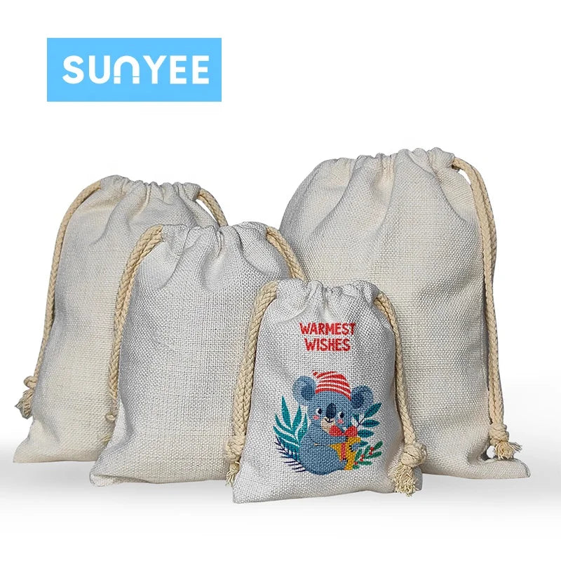 Sunyee Factory Sublimation Santa Sacks Pouch Blanks Custom Printed Logo Linen Drawstring Christmas Gift Bags