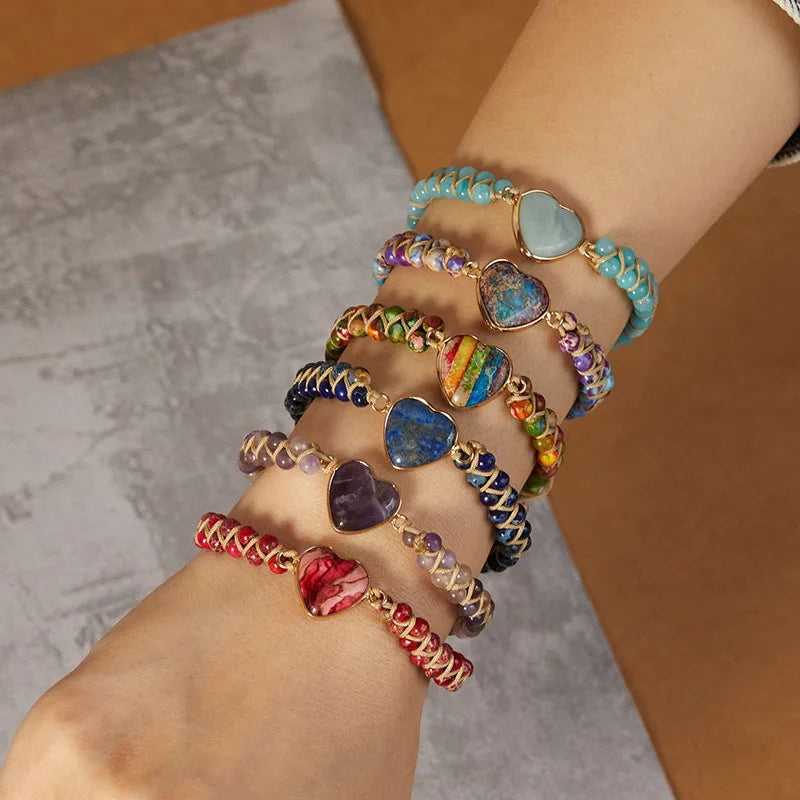 Wholesale Natural Crystal Beads Yoga Woven Heart Bracelets for Women Gemstone Double Layer Bracelet Jewelry