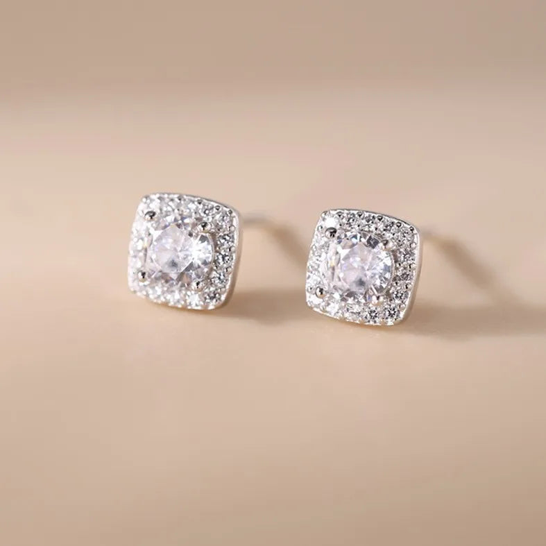 Small Cubic Zirconia Square Shape Bridal Wedding Earings 925 Sterling Silver Stud Earrings Women Fashion Jewelry