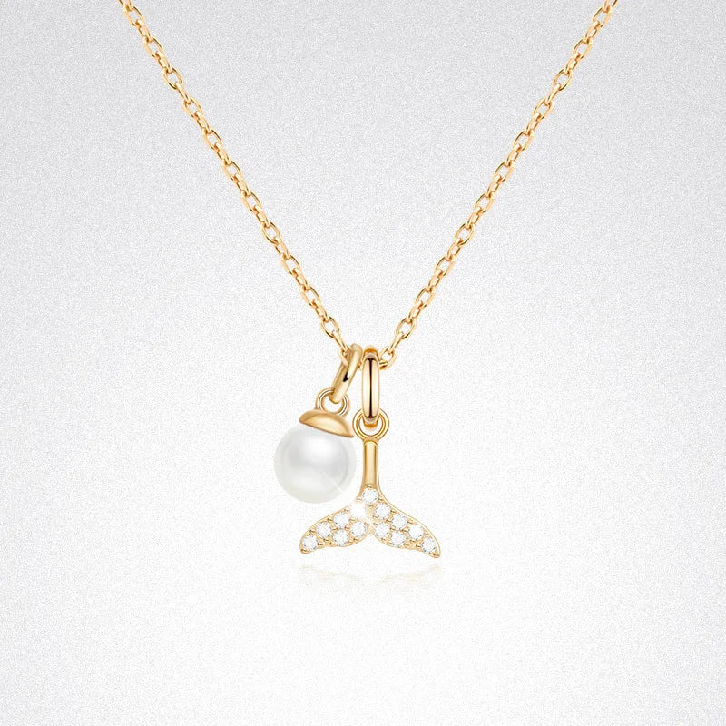 Hot Sale Fashion 18K Gold Plated Pure 925 Sterling Silver Zircon Pearl Mermaid Fishtail Pendant Necklace for Women Girls