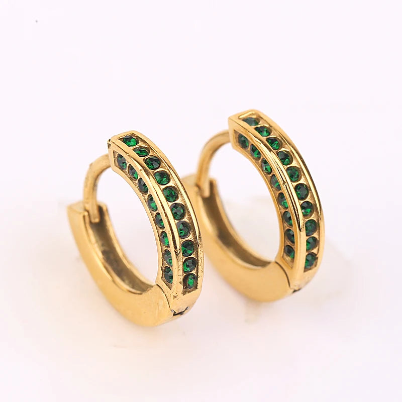 Luxury 18K Gold Plated Stainless Steel Jewelry Shopify Dropshipping Classic Green Zircon Circle Hoop Earrings for Women Gifts