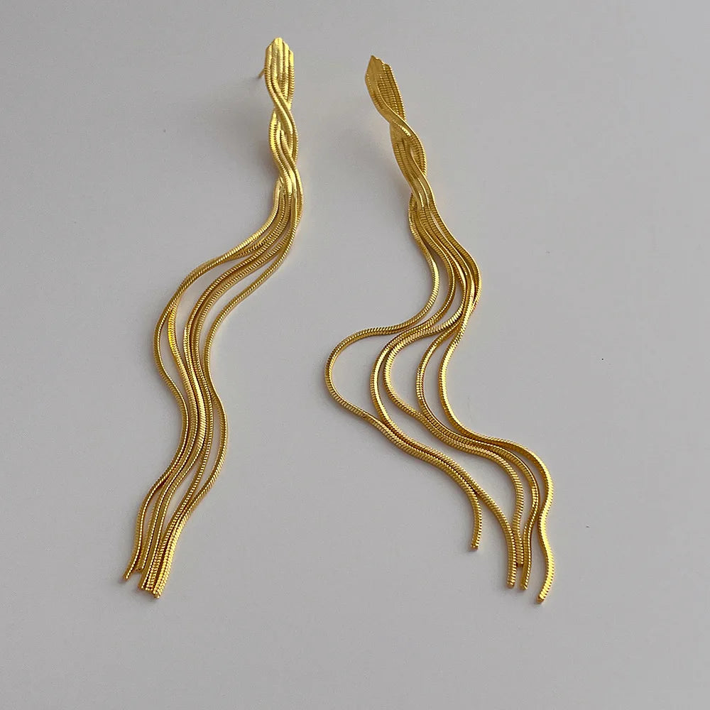 Round Snake Chain Long Tassel Earrings 18K Gold Plated Twisted Dangle Drop Earrings for Women Hip Hop Trendy Fashion Jewelry Hot