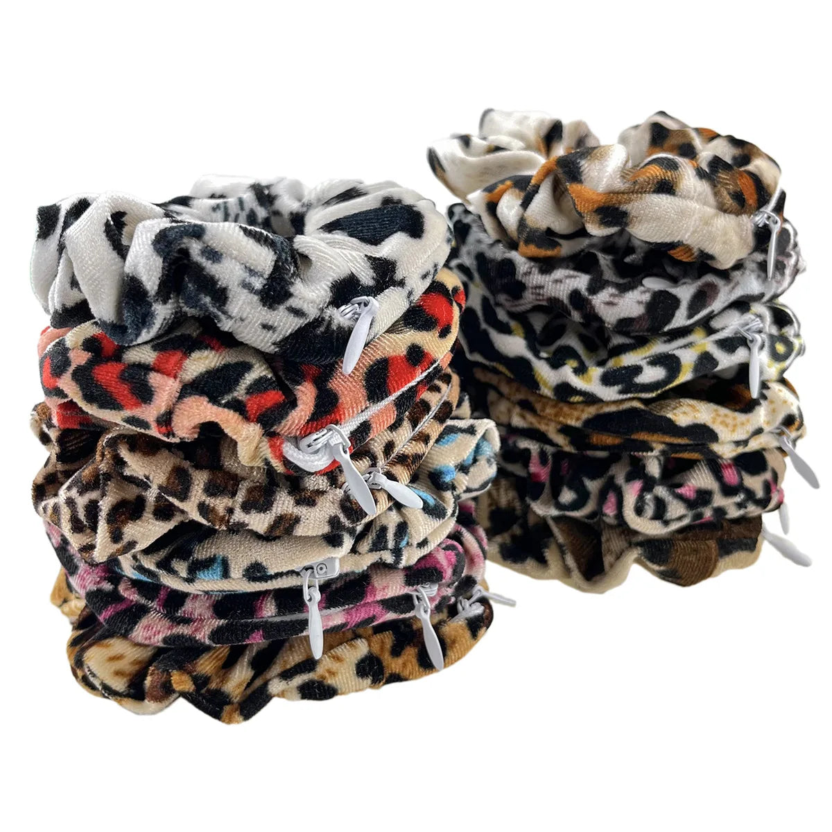 Women's Leopard Print Velvet Hair Ties Hidden Zipper Scrunchies with Pocket Storage Ponytail Holder