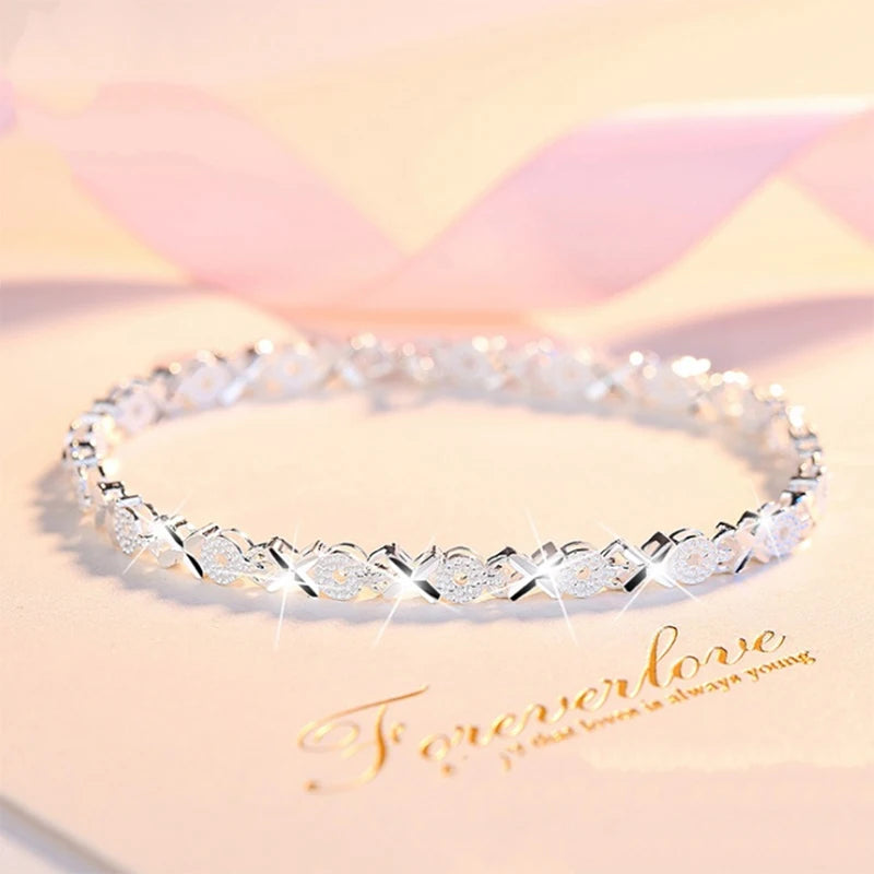 925 Silver Plated Cute Women's Heart-to-Heart Four-leaf Clover Bangles Valentine's Day Gift