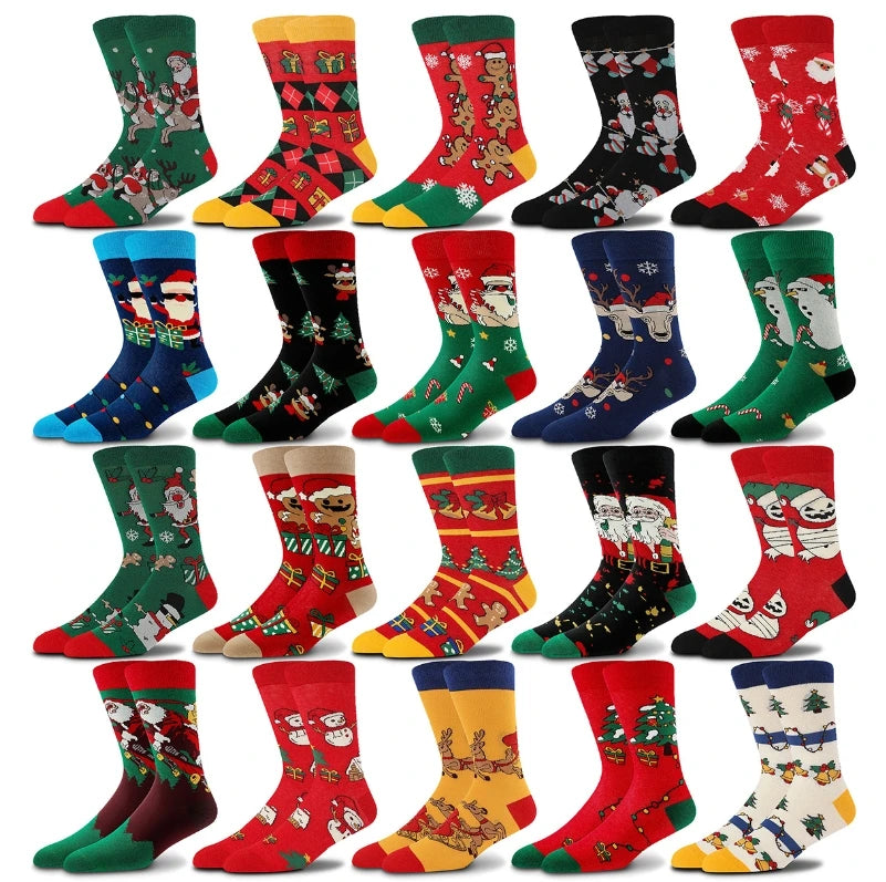 Premium Cotton Trendy Modern Innovation Santa Claus Pattern Socks Men's Reindeer Christmas Socks with Snowman & Tree Pattern