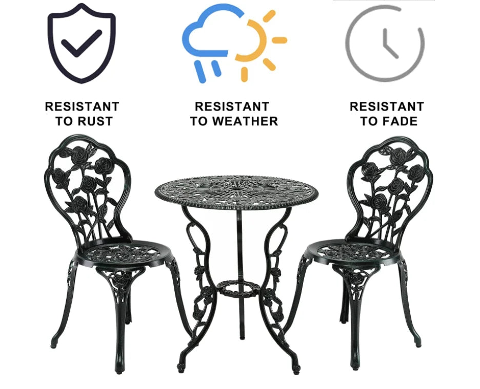 Outdoor Patio Bistro Set Table and Chairs Furniture Rose Design for Garden Porch Backyard Cast Aluminum with Umbrella Hole
