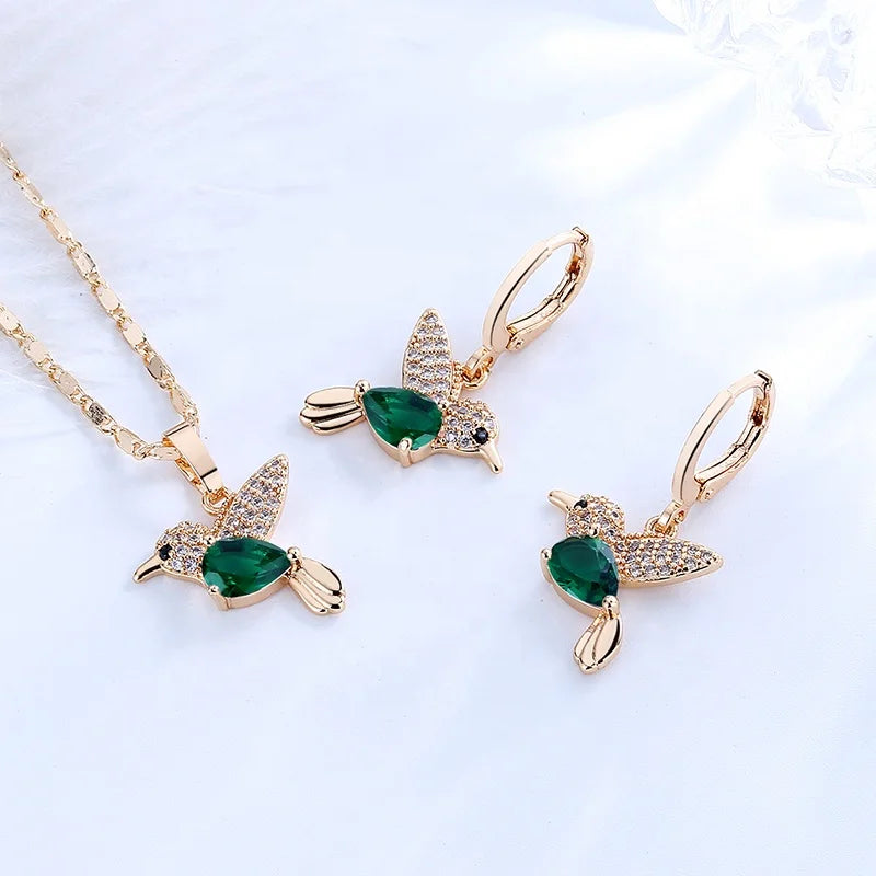 Luxury Wedding Bridal Exotic Bold Earrings Necklace Jewelry Hummingbird Set Jewelry Display Sets 18K Gold Plated for Women